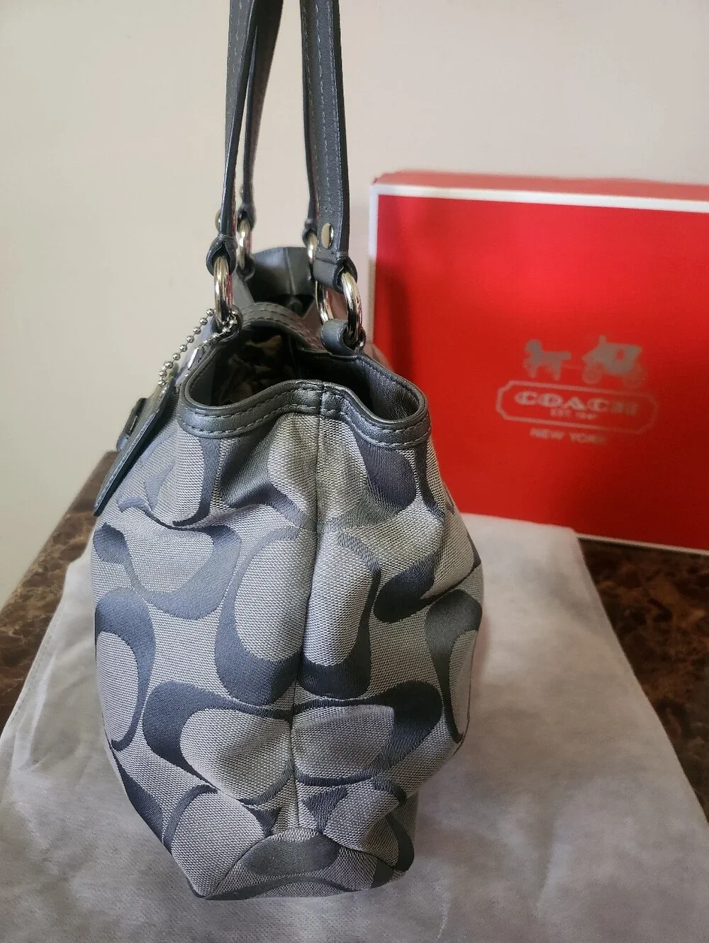 Coach Gray Signature Canvas Shoulder Bag with Leather Trim EUC - Picture 7 of 14